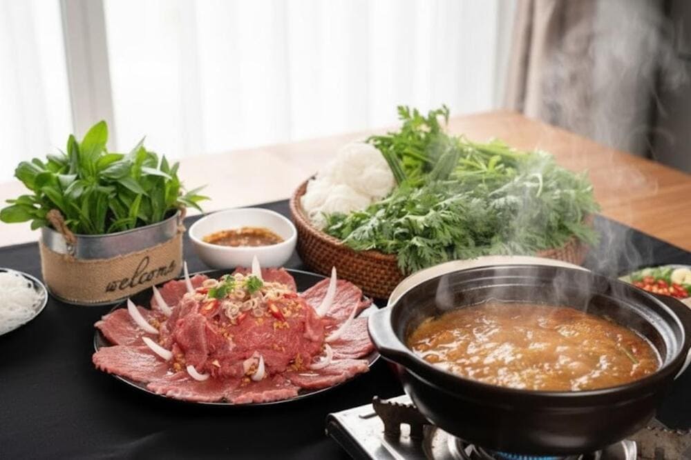 Lẩu bò nhúng mắm ruốc.